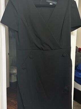 Andrew Marc Black V-Neck Wrap Midi Sheath Dress